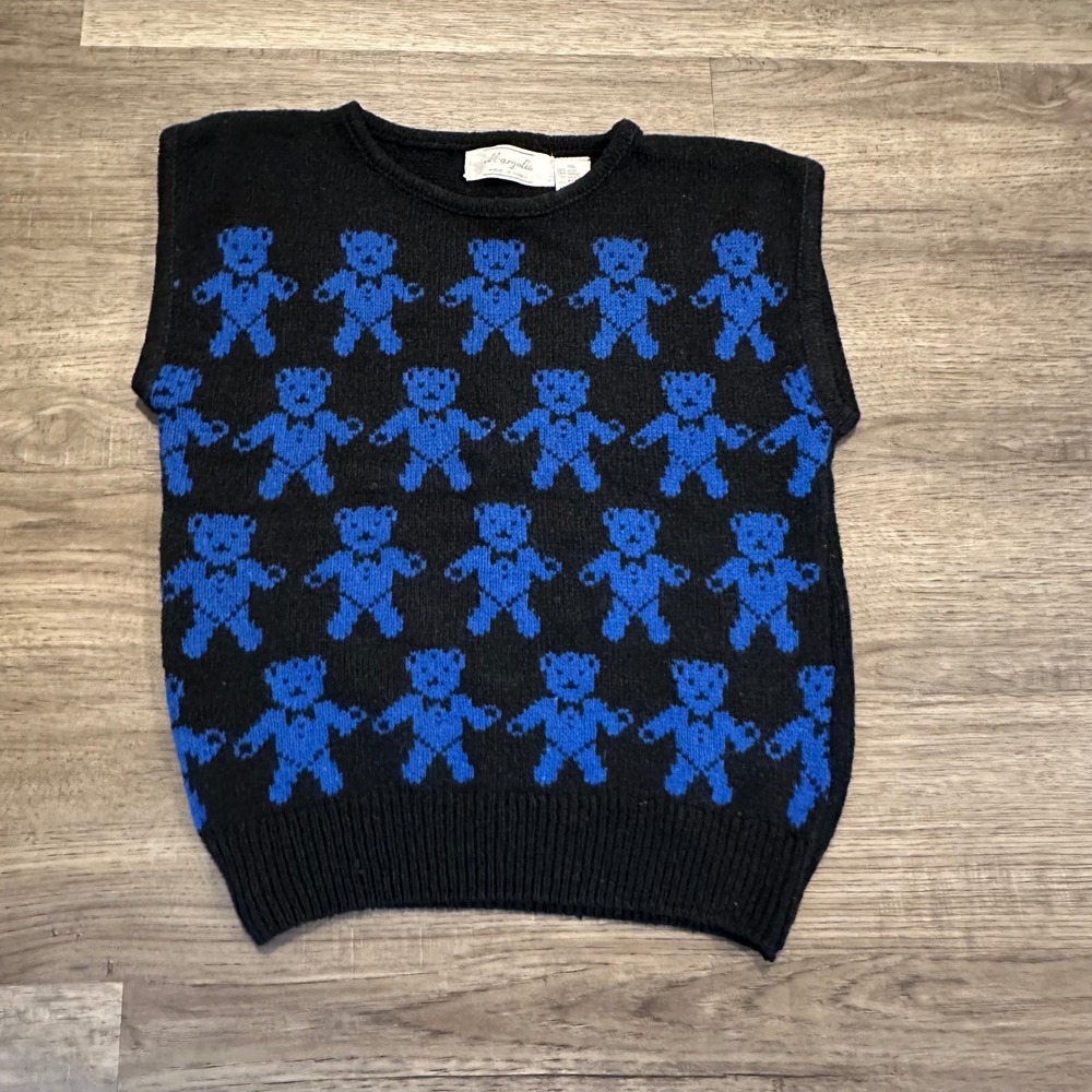 Margules Vintage Teddy Bear Intarsia Silk Angora Knit Sweater Vest Black Blue M